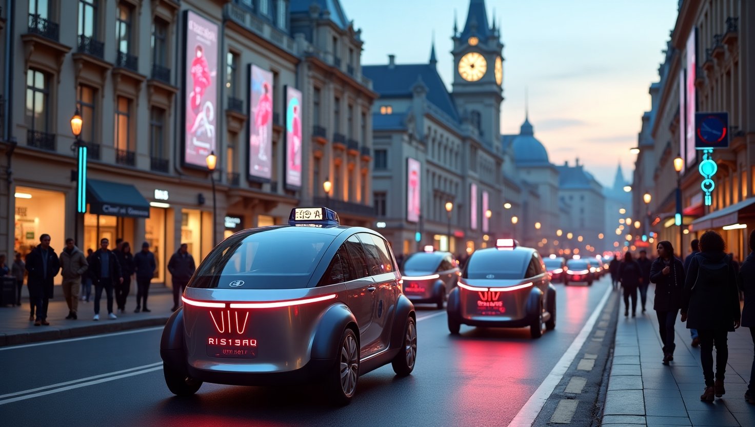 A futuristic urban setting featuring robotaxis in Europe.