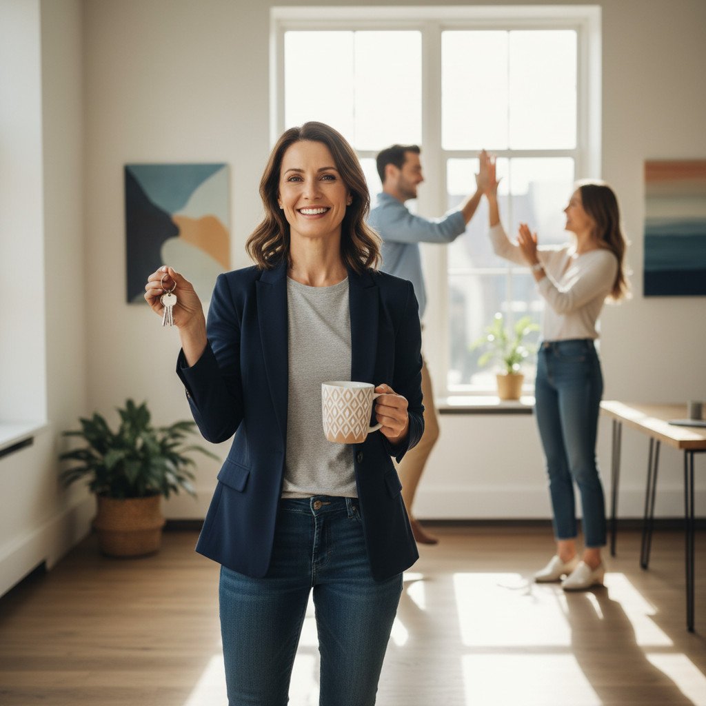 Confident new business owner holding keys and smiling with team celebrating in background