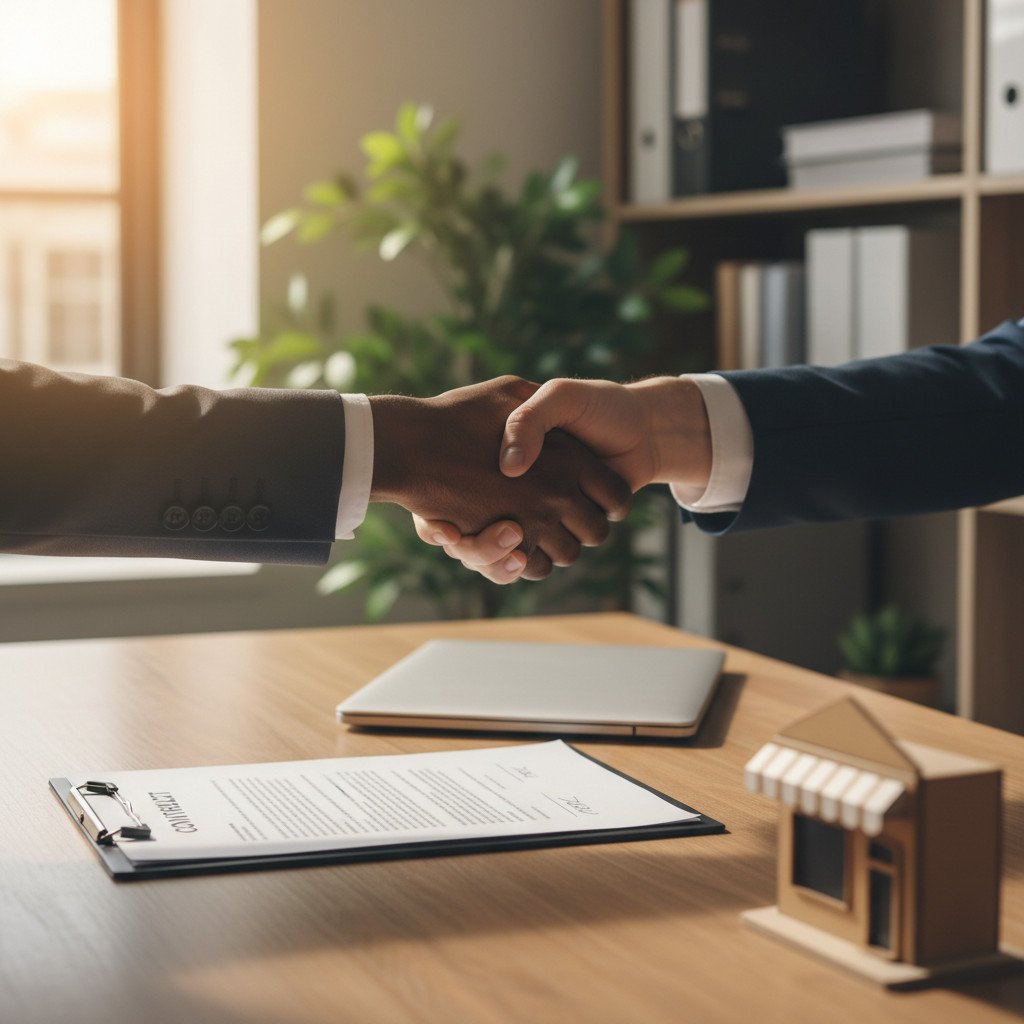 Two professionals shaking hands over a desk with a signed contract and laptop, symbolizing business handover and new ownership