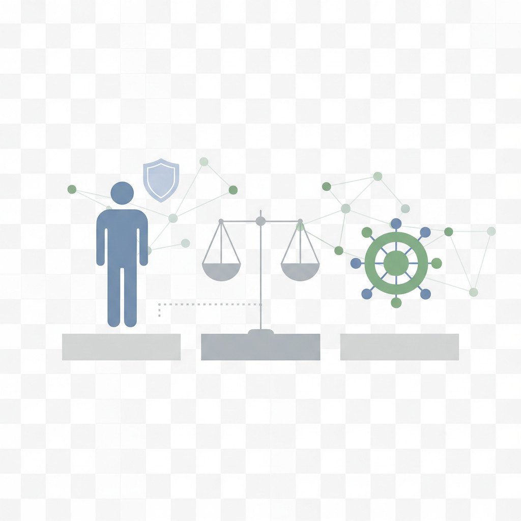 Minimal abstract illustration showing a human silhouette and a stylized AI agent on opposite platforms with a balance scale between them, a faint shield for governance, and a dotted oversight connection to represent ethical balance and human AI interaction.