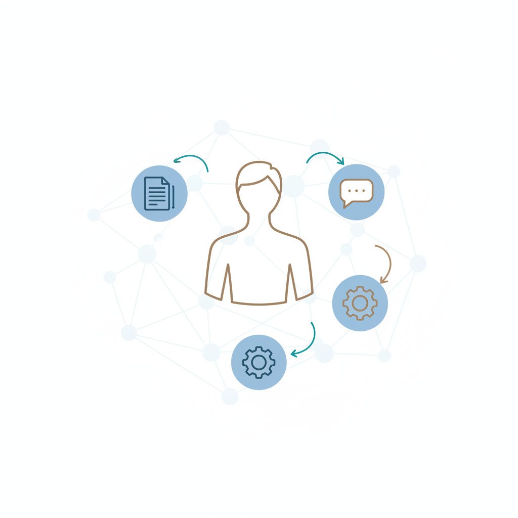 Simple flat illustration of a central human silhouette surrounded by three stylized AI agent icons with arrows pointing to task icons and a faint orchestration network in the background.