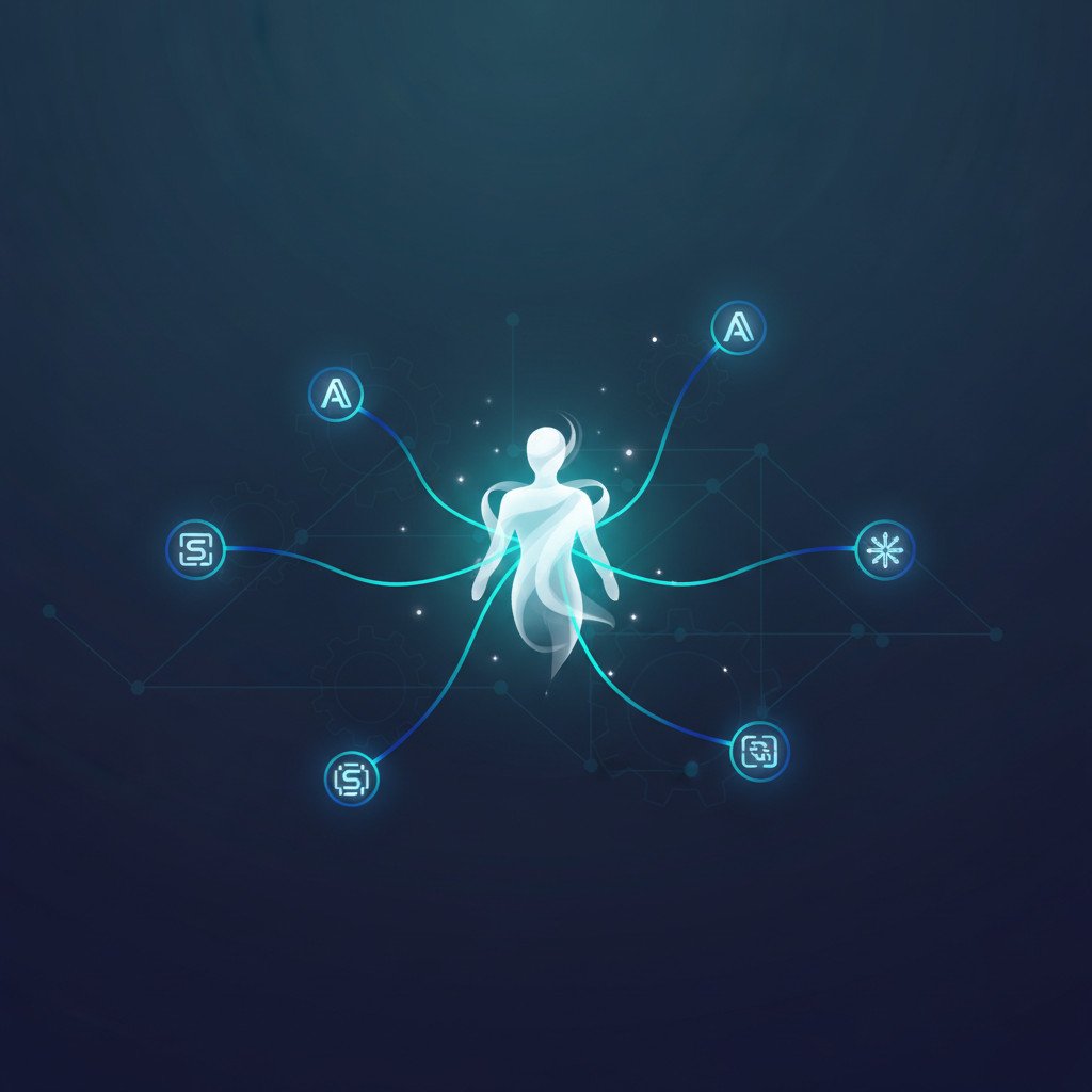 A sleek glowing central orb with branching illuminated lines to smaller nodes, set against a deep blue and teal background to symbolize agentic AI autonomy and orchestration.
