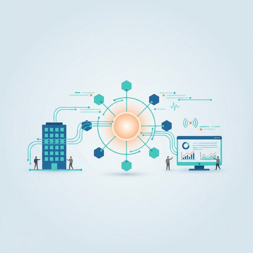 A minimal flat vector illustration showing a glowing central hub node connected to multiple agent nodes by curved lines. Translucent data ribbons flow between the hub and an office building silhouette and a dashboard monitor. Small human silhouettes interact with the dashboard while concentric wave rings near teams and screens represent vibe sensors. Color palette uses cool blues and teal with warm orange accents for active highlights.