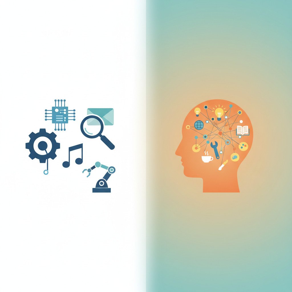 Split-screen illustration: left side shows narrow AI with focused icons like a gear, magnifying glass, envelope, music note, and small robot arm in cool blue tones; right side shows AGI with an abstract human head filled with colorful nodes and icons representing broad skills such as a globe, lightbulb, book, wrench, coffee cup, and paintbrush in warm accents.