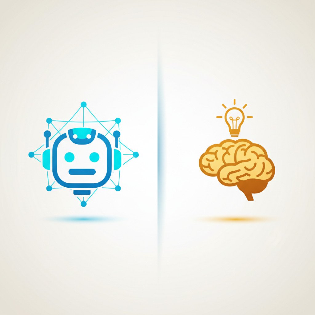 Split illustration: left side shows a stylized robot head and neural network nodes in cool blue; right side shows a human brain and glowing light bulb in warm gold