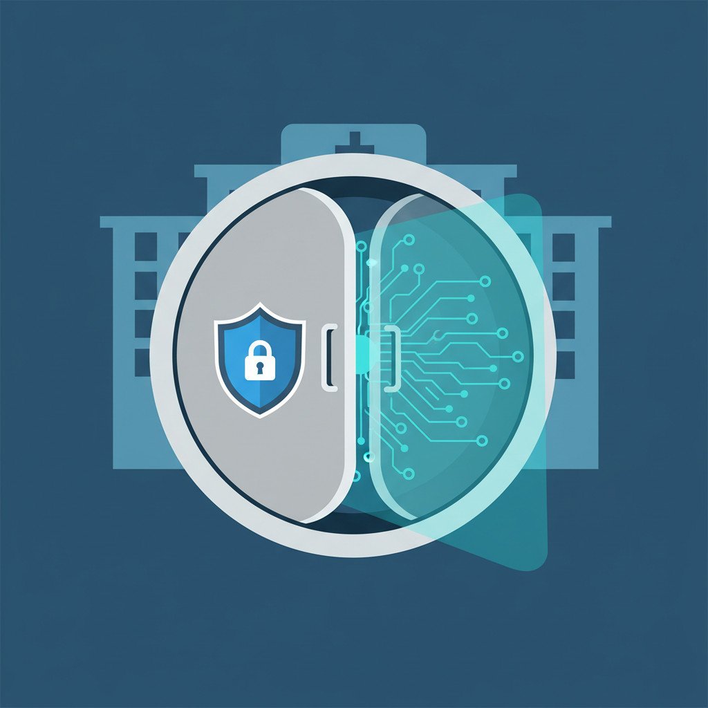 Illustration showing a futuristic airlock chamber with a glowing neural network pattern inside, a shield integrated into the door to signal security, and a subtle hospital silhouette in the background.