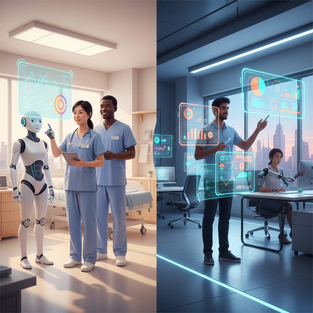 Colorful illustration of AI in action: healthcare robot and marketing automation scenes