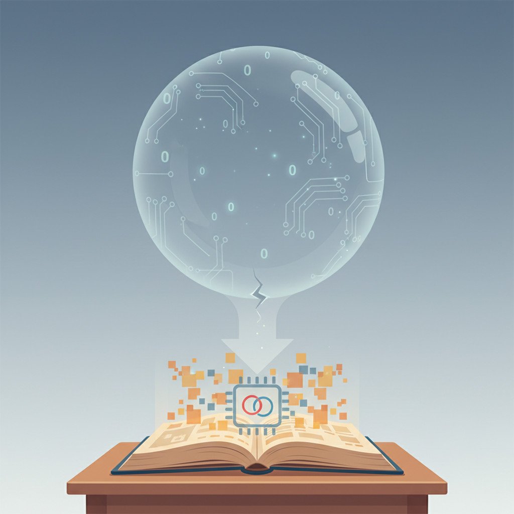 A symbolic scene showing a translucent circuit patterned bubble gently deflating above an open textbook on a school desk. The textbook pages glow with pixel like digital motifs and a subtle AI chip icon. A faint downward arrow shadow links the bubble to the book, suggesting market hype affecting education initiatives. Muted blues and warm paper tones set a sober mood without any text in the image.