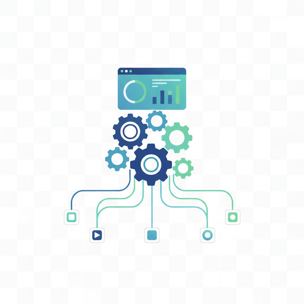 Vector image with gears, analytics dashboard, and connectors representing AI-driven business and marketing automation.