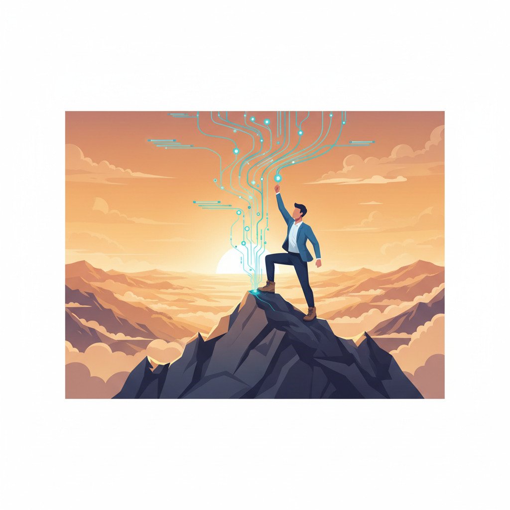 Mountain climber standing on a summit at sunrise with glowing network nodes and flowing data streams rising into the sky, symbolizing resilience and successful AI adoption.