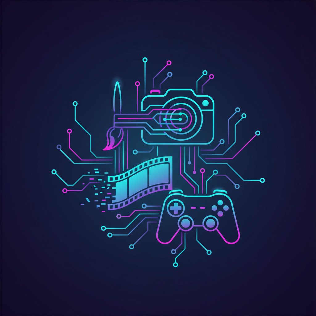 Sleek modern illustration combining paintbrush, camera, film strip, game controller, and a stylized neural circuit motif in neon teal, magenta, and electric blue gradients