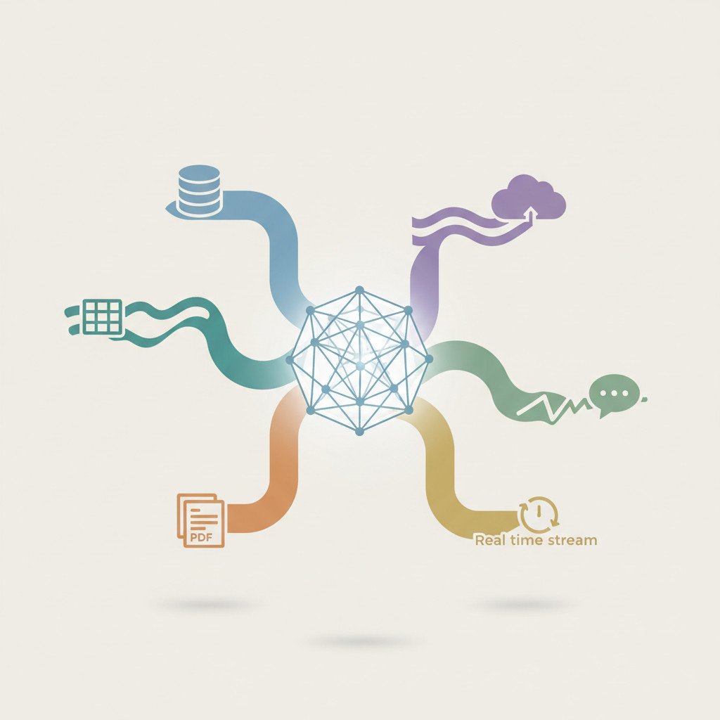 Multiple colored data streams converge into an abstract luminous AI brain, representing spreadsheets, databases, documents, cloud, real-time feeds, and messaging channels flowing into a central processing network.