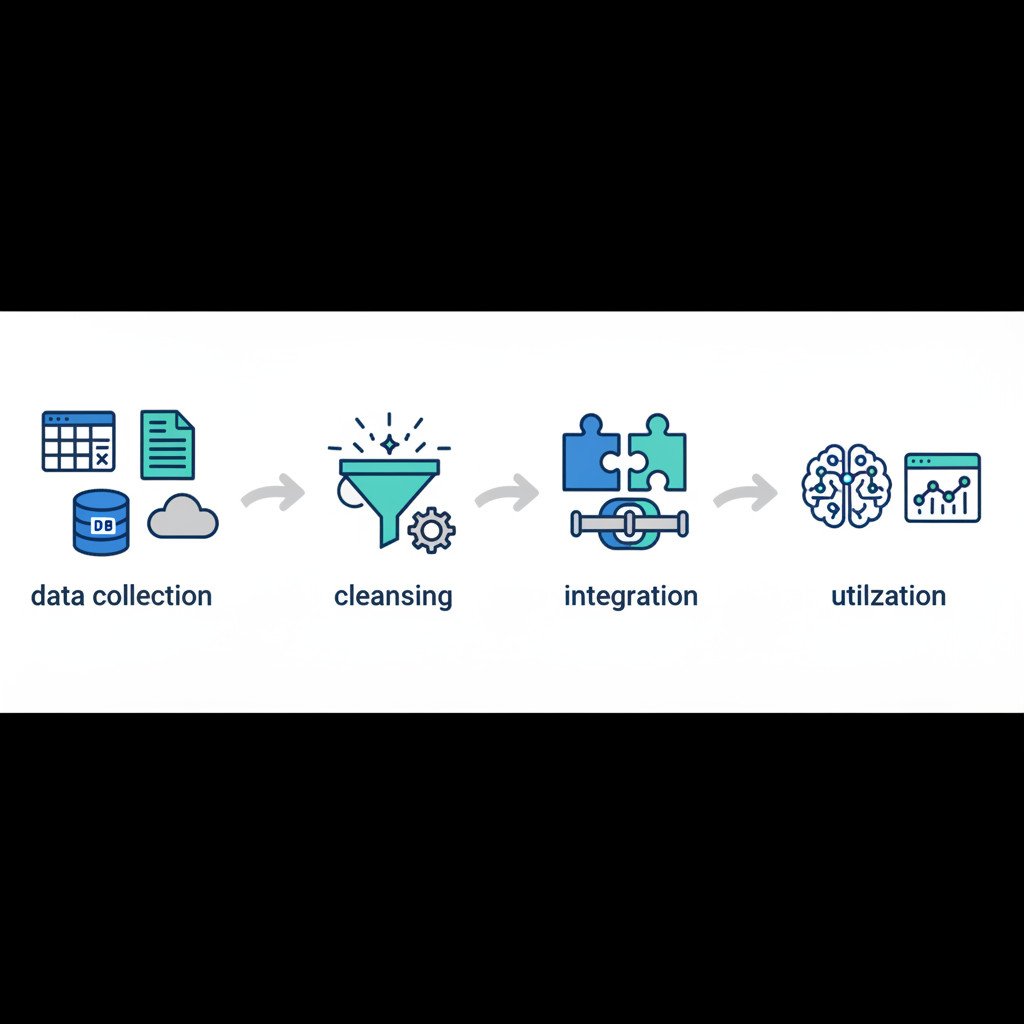 Illustration showing four icon stages flowing left to right: clustered data sources, a cleansing funnel with gear and sparkles, interlocking puzzle pieces representing integration, and an AI brain connected to a small dashboard chart for utilisation.