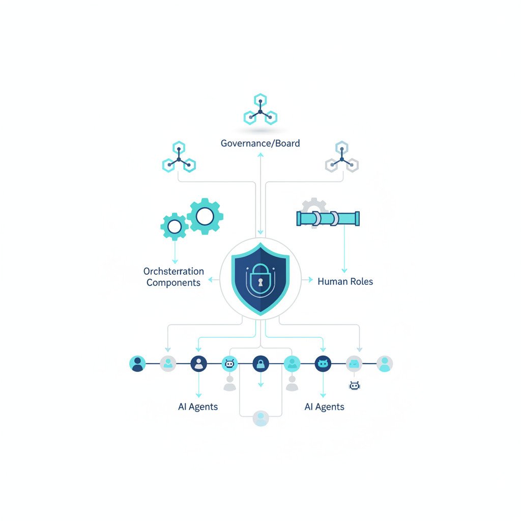 Clean vector illustration showing a central governance shield connected to orchestration gears and multiple agent nodes, visualizing hierarchy and networked control.