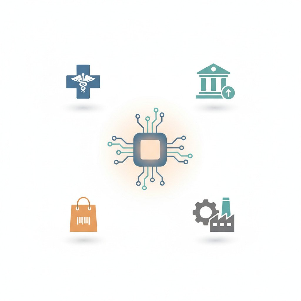 Stylized central AI chip with surrounding icons for healthcare, finance, retail, and manufacturing, using soft blues and teals, flat modern design, no text labels.