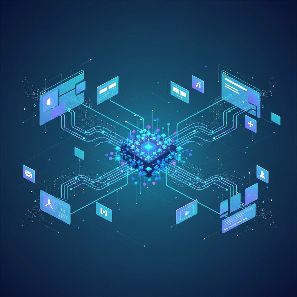 Abstract illustration of AI neural network nodes connected to website tiles and flowing data streams, representing AI powered link strategies for SEO.