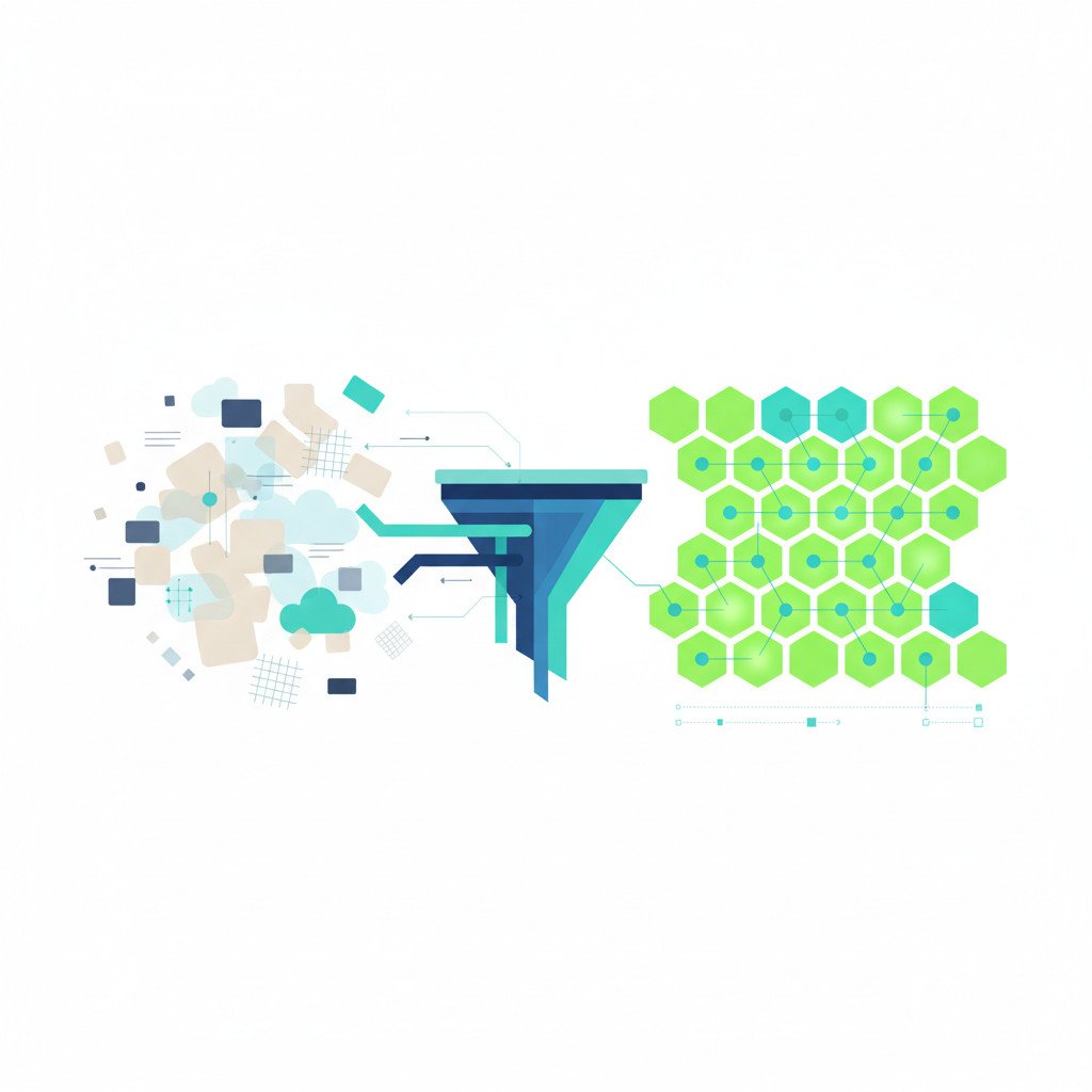 A minimalist abstract illustration showing scattered raw data shapes flowing through a central funnel into a neat grid of glowing nodes, symbolizing the transformation to AI-ready data.