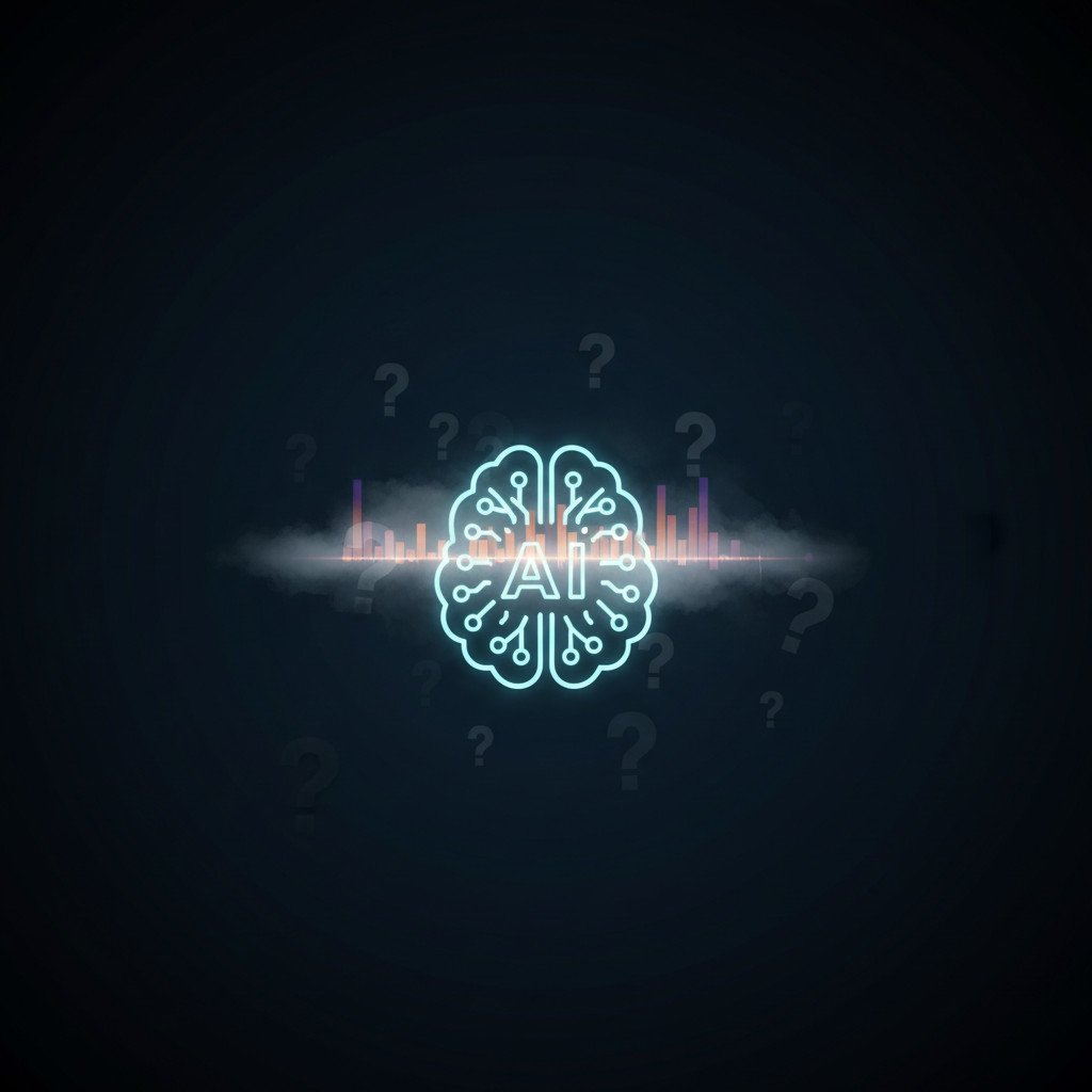 A glowing stylised AI icon surrounded by floating question marks and a misty cloud partially obscuring a digital value metric, on a dark gradient background.