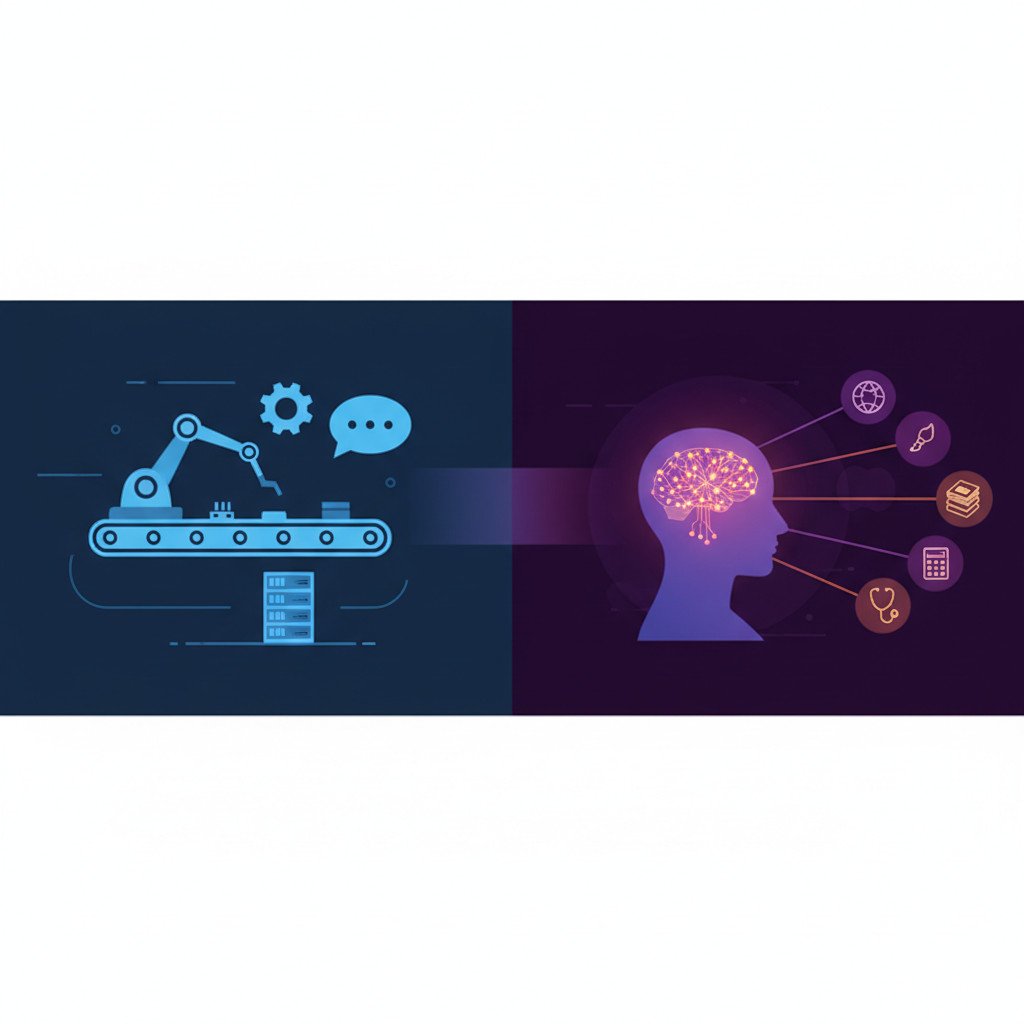 A two panel illustration. Left panel shows a focused robot arm working on a conveyor belt and a small server rack to represent narrow AI. Right panel shows a humanoid silhouette with an illuminated networked brain and beams connecting to diverse icons to represent AGI capabilities. The center has a soft gradient indicating the conceptual gap between the two.