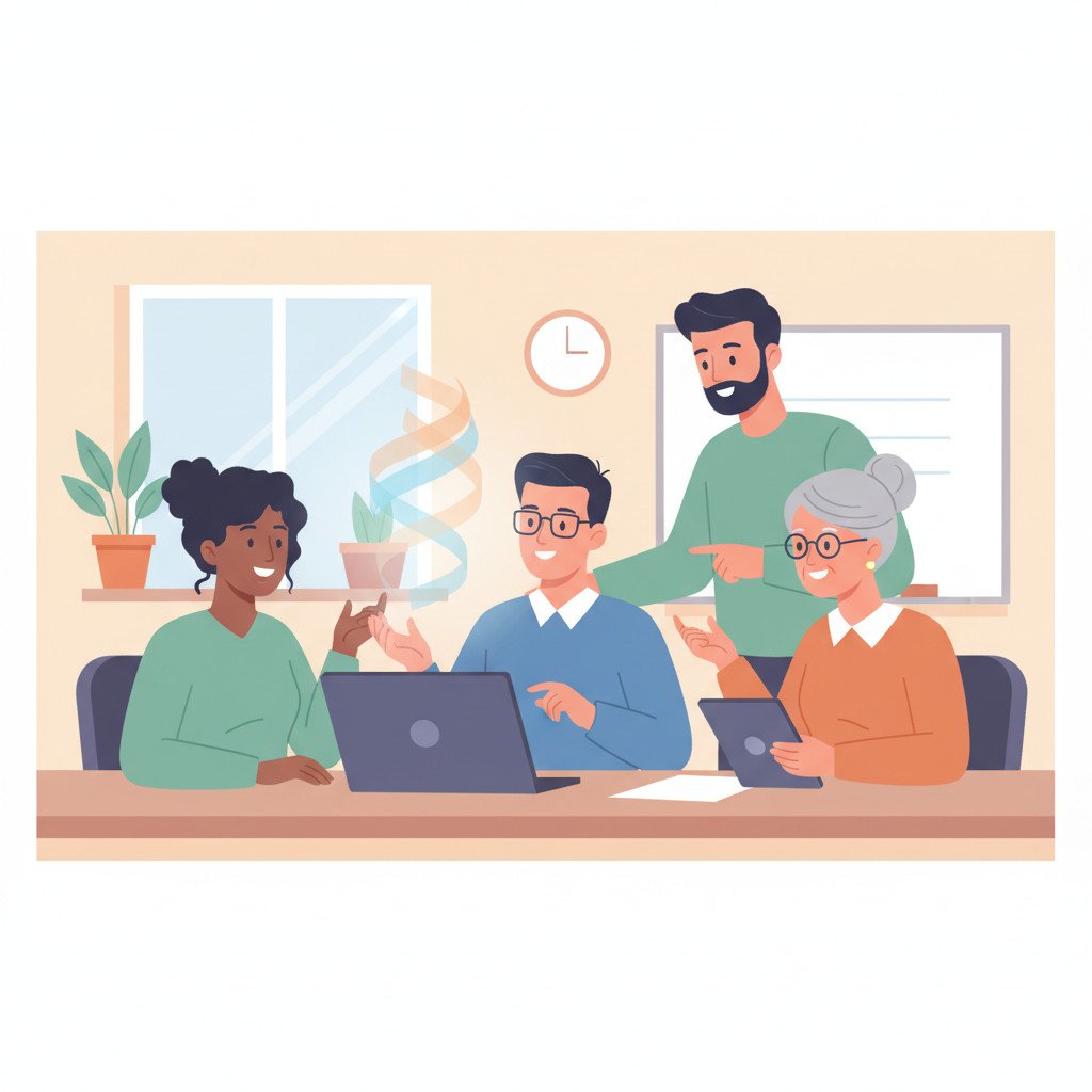 Everyday workers in a bright training room using AI tools