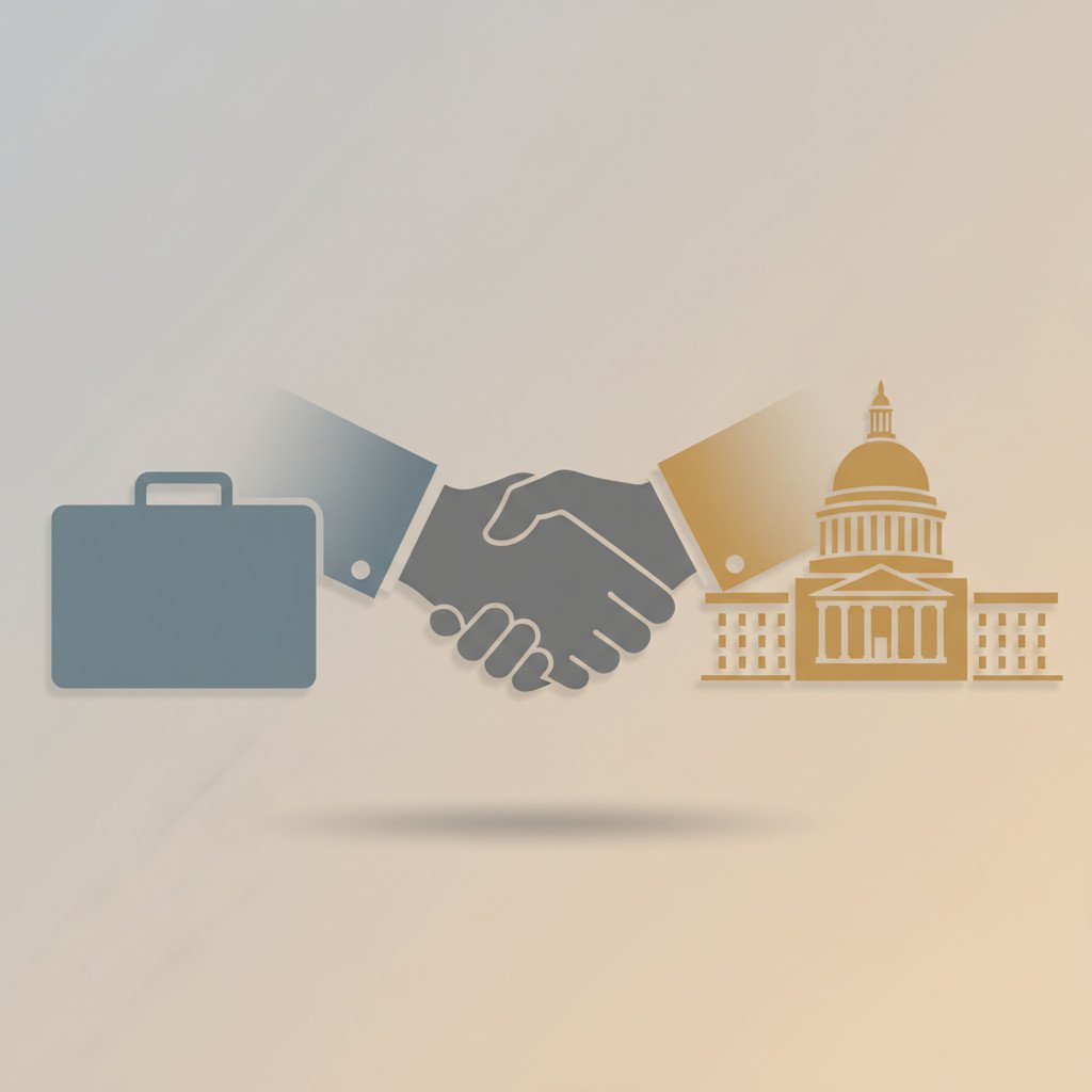 Handshake shadow with briefcase and government building silhouettes