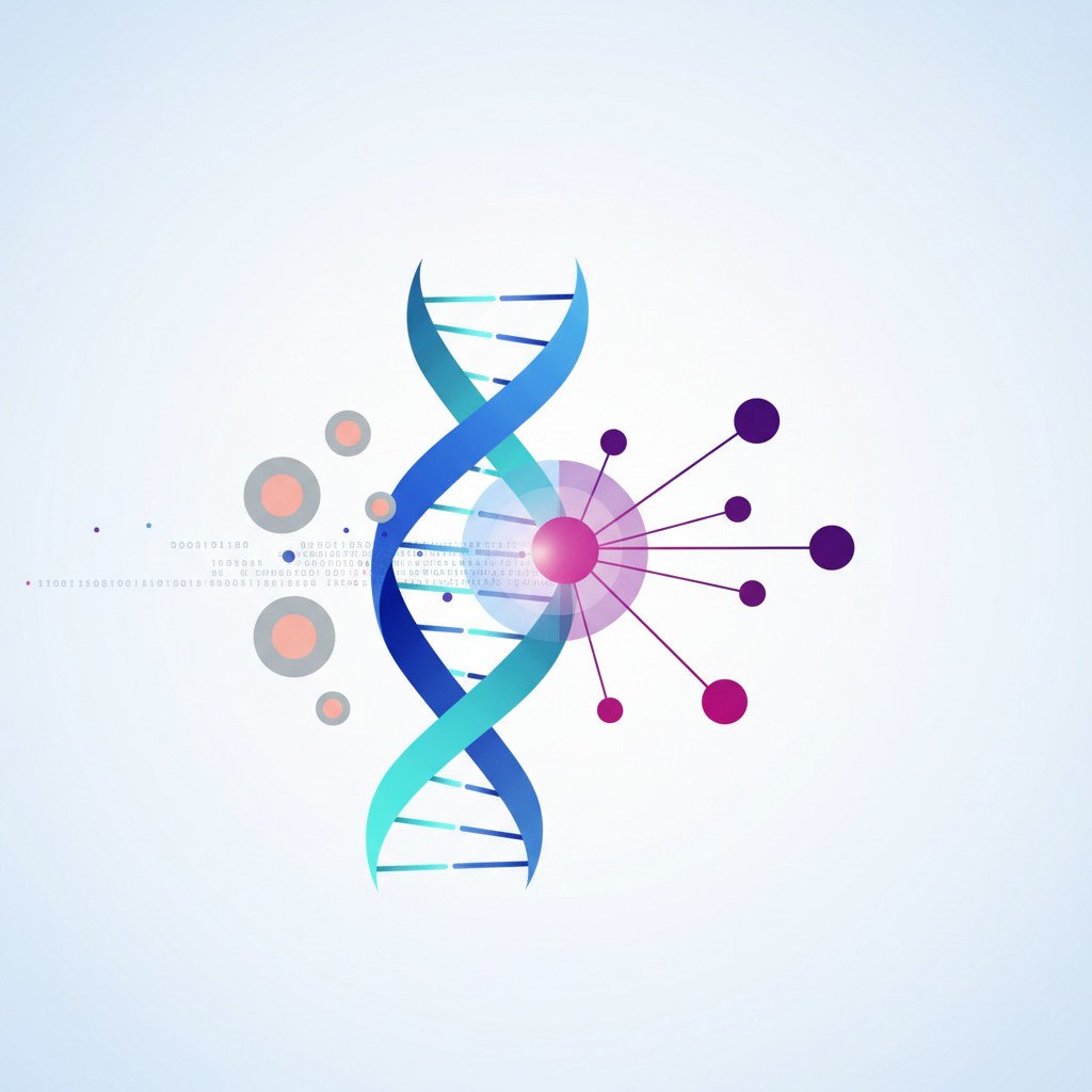 Illustration showing a stylized DNA helix blending into a neural network, with abstract tumor cell shapes and data points flowing between them to represent sequencing data being analyzed by AI.