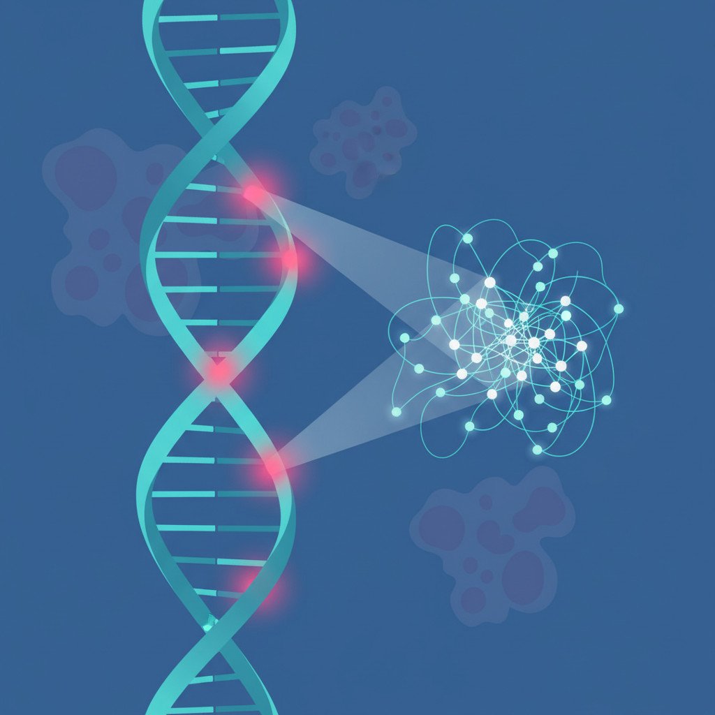 Illustration of a stylized DNA double helix being scanned by an abstract neural network with glowing nodes; subtle cancer cell silhouettes appear in the background to indicate disease context.