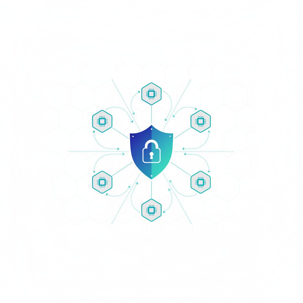 Stylized vector showing multiple network nodes linked to a central shield icon. Arrows indicate encrypted data flow and secure aggregation between nodes and the shield. Color palette: blue teal gray. No text.