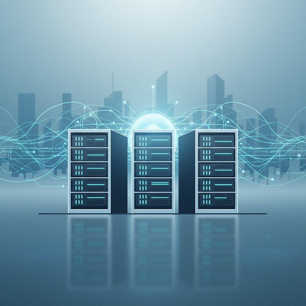 A clean illustration showing server racks with a semi transparent neural network overlay converging on a central glowing node, set against a faint corporate skyline in cool blue and teal tones.