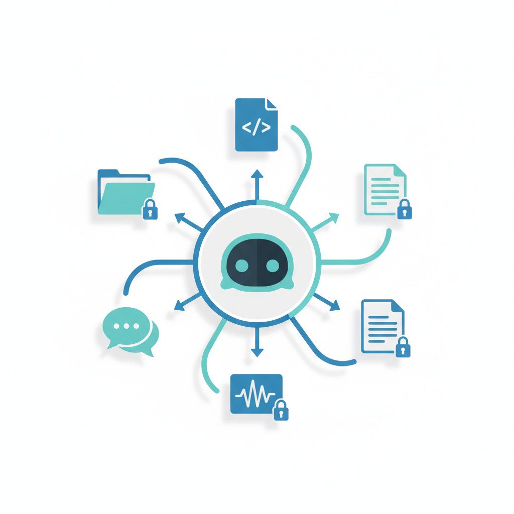 Conceptual illustration showing multiple enterprise data sources flowing into a central AI chatbot interface with security cues