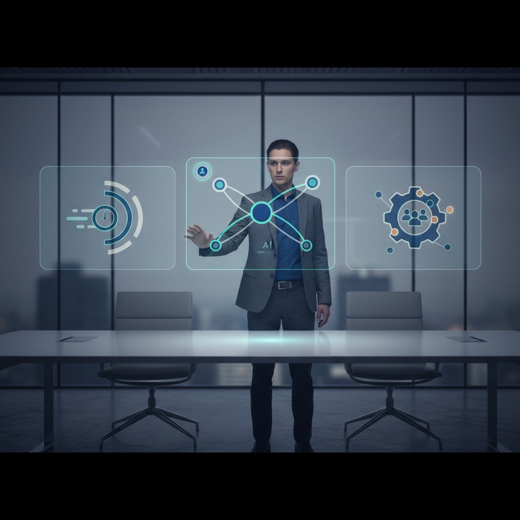 Executive using AI tools in a decision-making process — holographic panels show a decision node graph, activity speed icon, and resource gear icon.