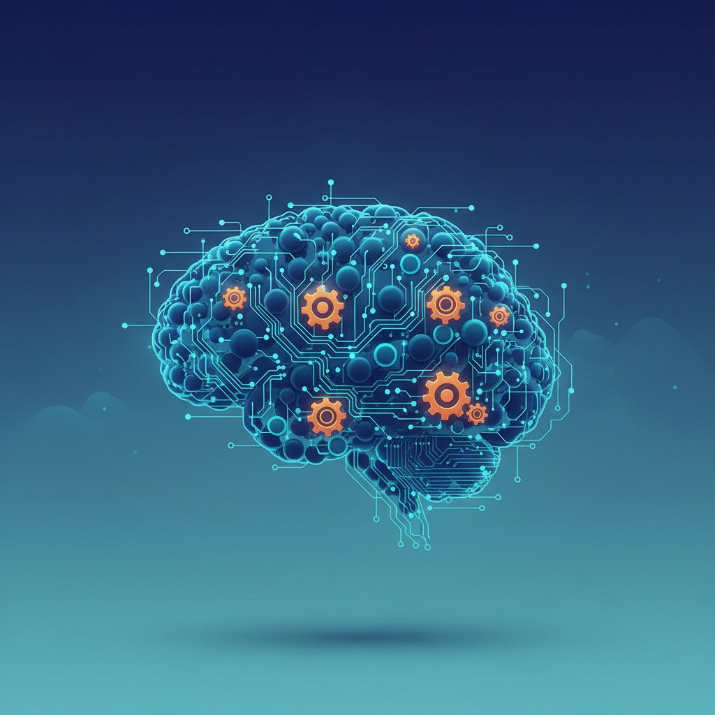Abstract AI brain formed by interconnected glowing nodes and integrated gears to imply optimization and intelligence flow