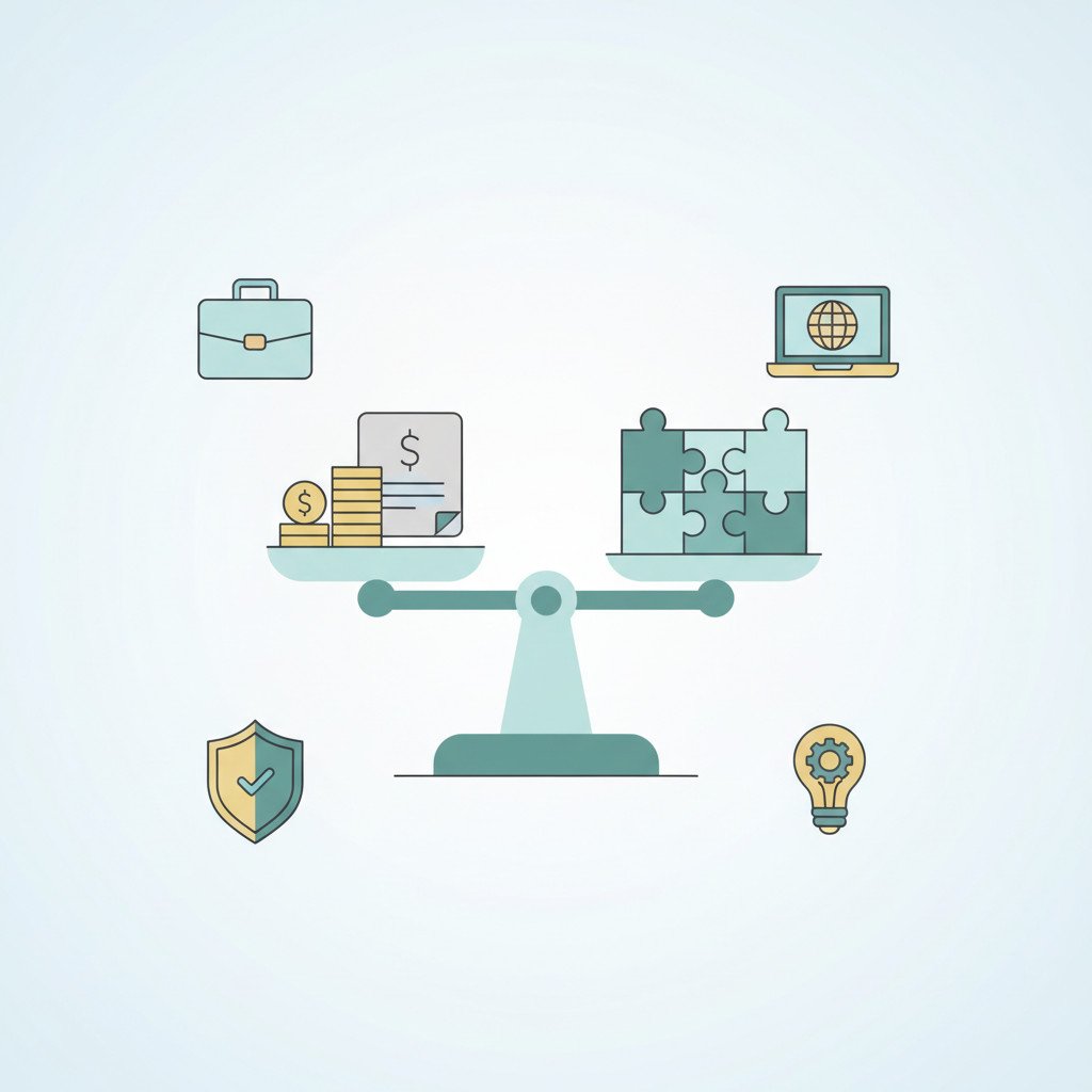 Balanced scale showing costs and paperwork on the left and interlocking puzzle pieces representing adaptation and solutions on the right, surrounded by subtle icons for employers, compliance, remote work, and reskilling.