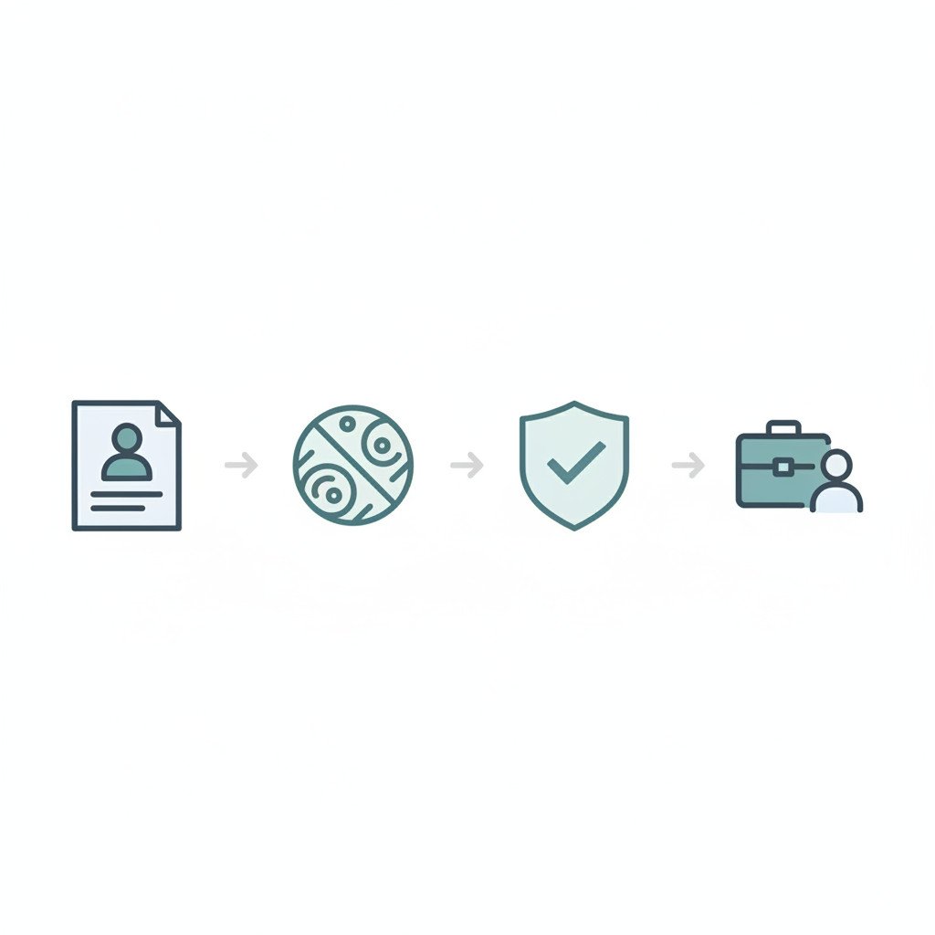 Clean horizontal icon-based illustration showing four steps in the H-1B visa process: application, lottery, approval, and employment start. The image uses flat icons, muted blues and teals, and a transparent background for easy embedding.
