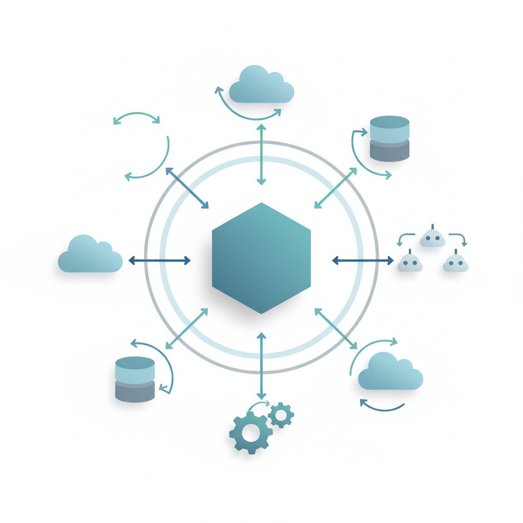 Central orchestration hub connected to cloud, database, agent, and processing nodes, showing coordinated flows and integration.