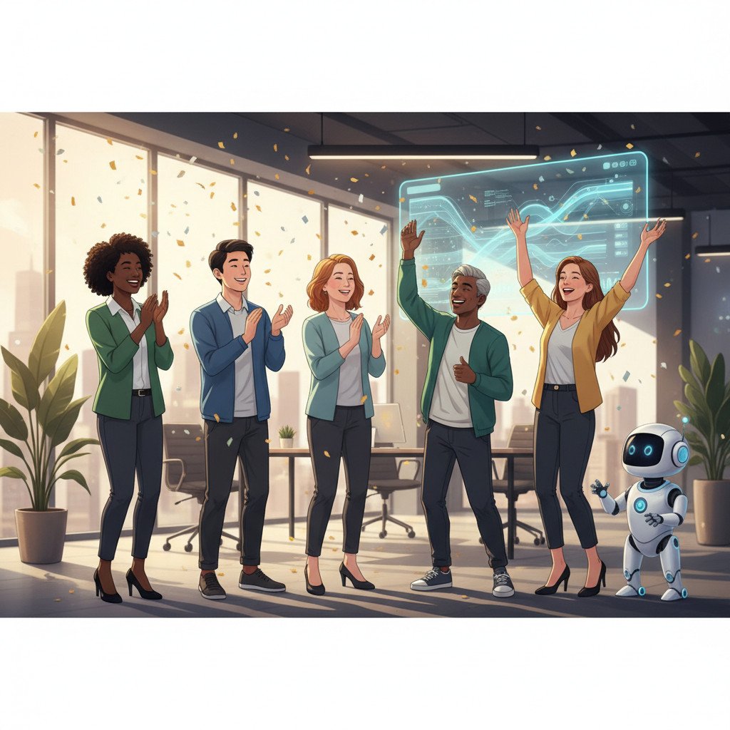 Diverse team celebrating successful AI project deployment
