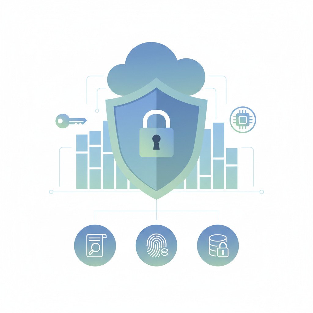 Illustration of a large shield with a padlock at the center, cloud backdrop, firewall blocks, a token chip, and icons representing audit logs, multi factor authentication, and encrypted database. Calm blue green palette. No text.