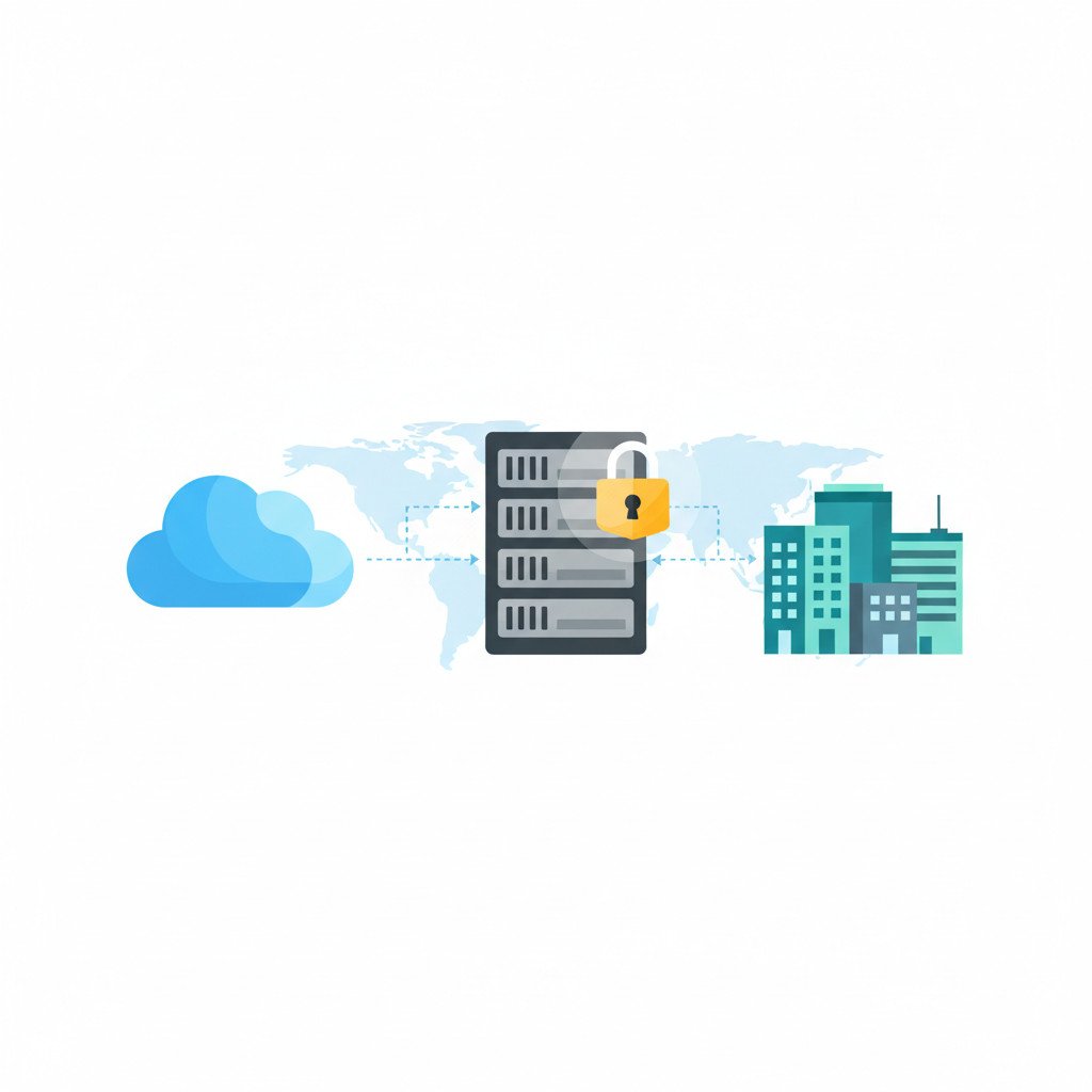 A flat vector illustration showing a cloud icon linked by dotted lines to a secure server rack with a yellow lock badge, and corporate office buildings on the right with a faint geographic outline behind the server to imply data residency. The palette uses blues, teals, grays, and small yellow accents.