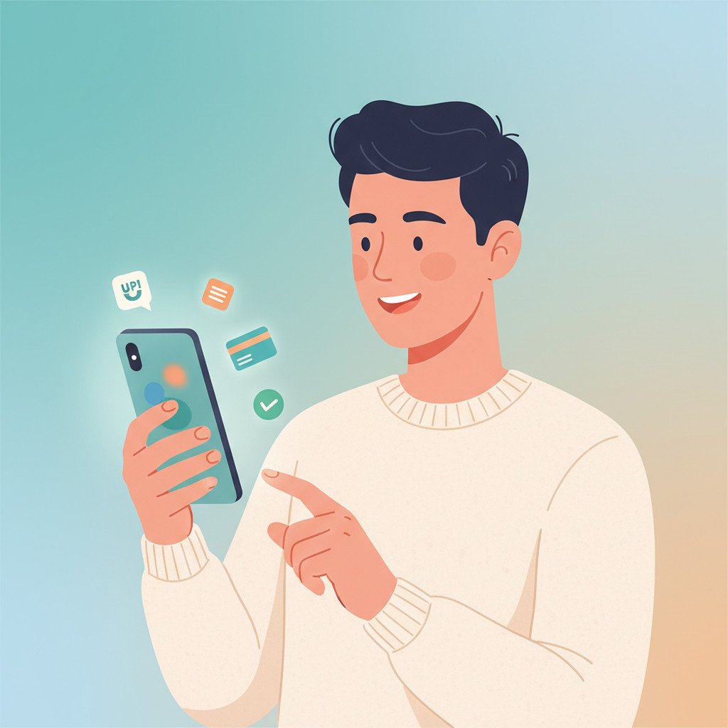 Person happily using a mobile payment app