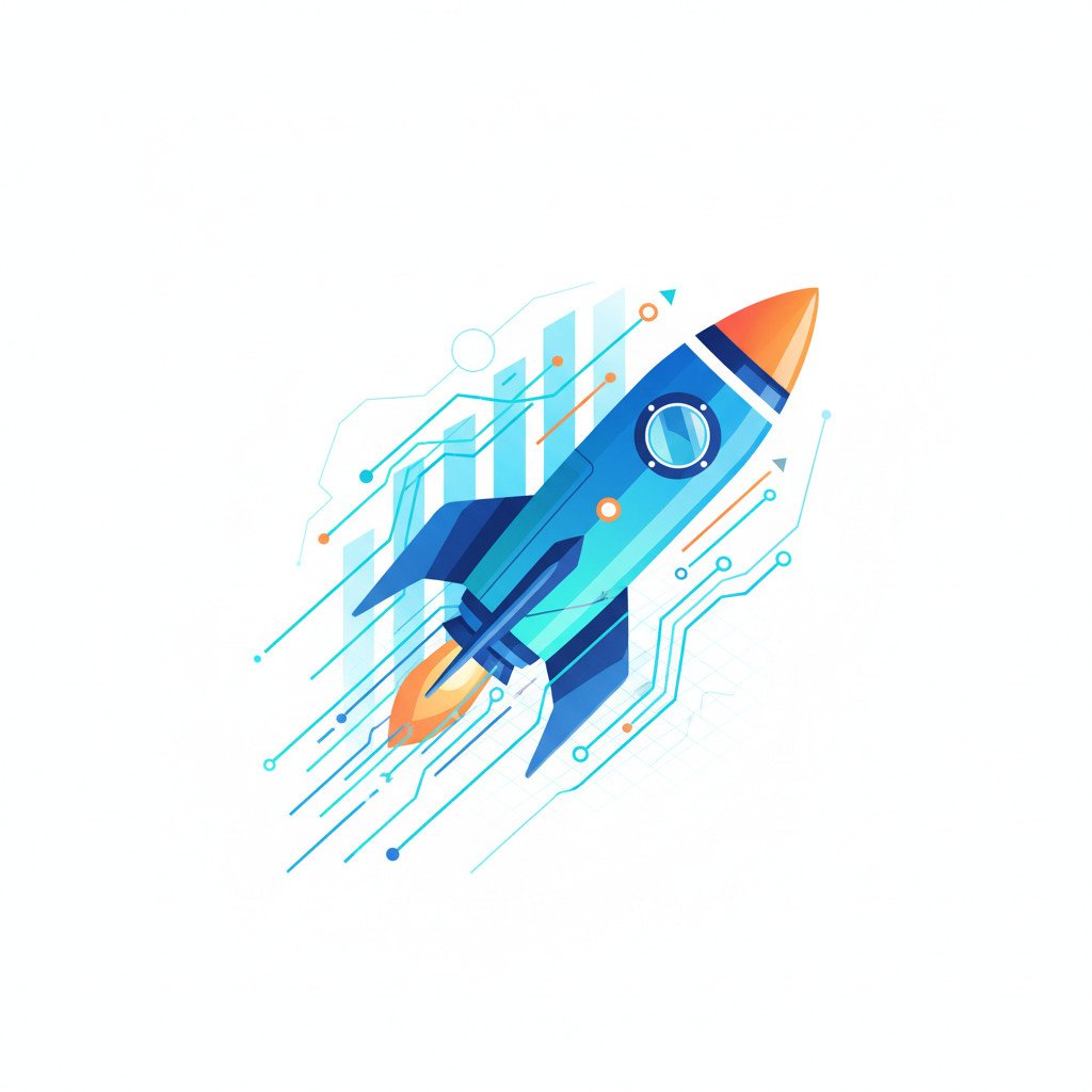 Illustration of a rocket integrating with stylized neural network lines, symbolizing acceleration, growth and AI integration to boost output