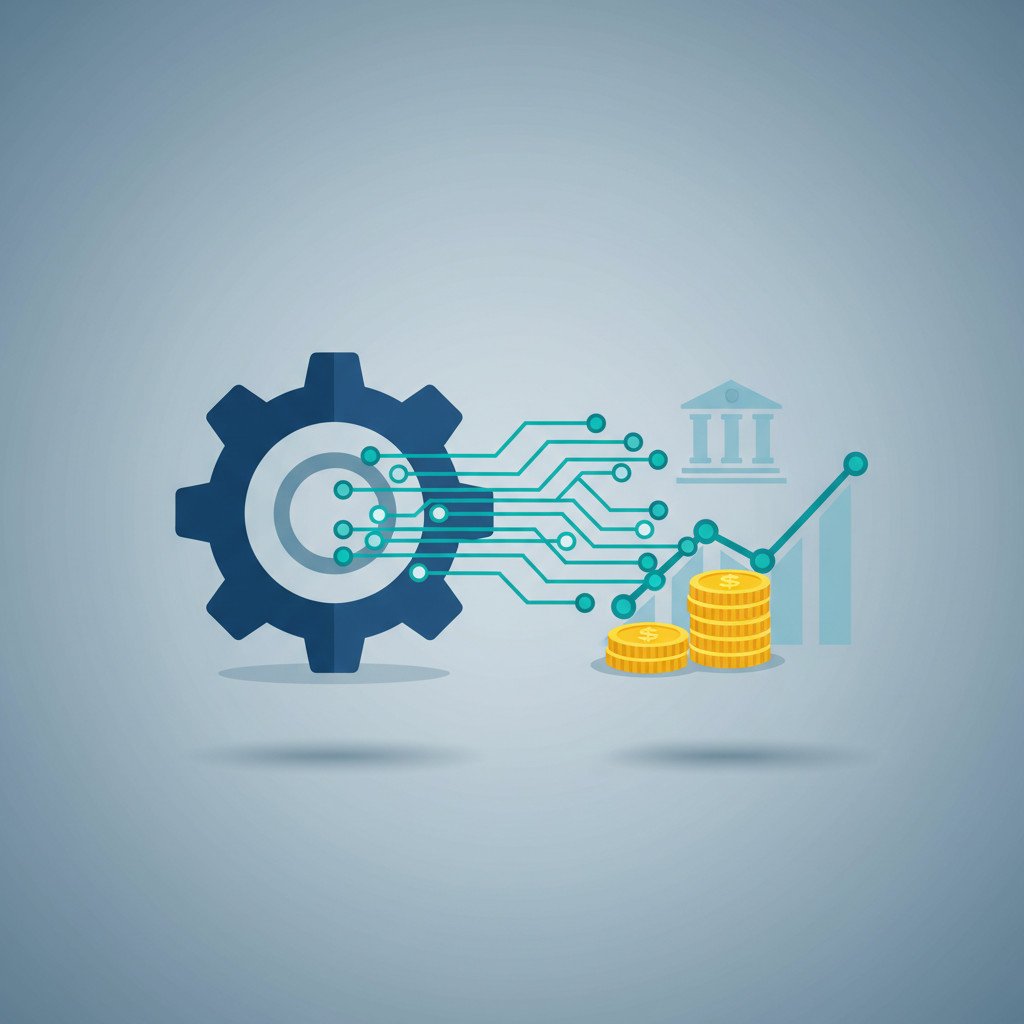 A clean vector illustration merging a central gear with circuit-like code nodes on the left and financial motifs on the right including stacked coins, a bank silhouette, and a rising line graph. Colors use blues, teal, gray, and gold accents. Suitable as a supporting header image for the article introduction.