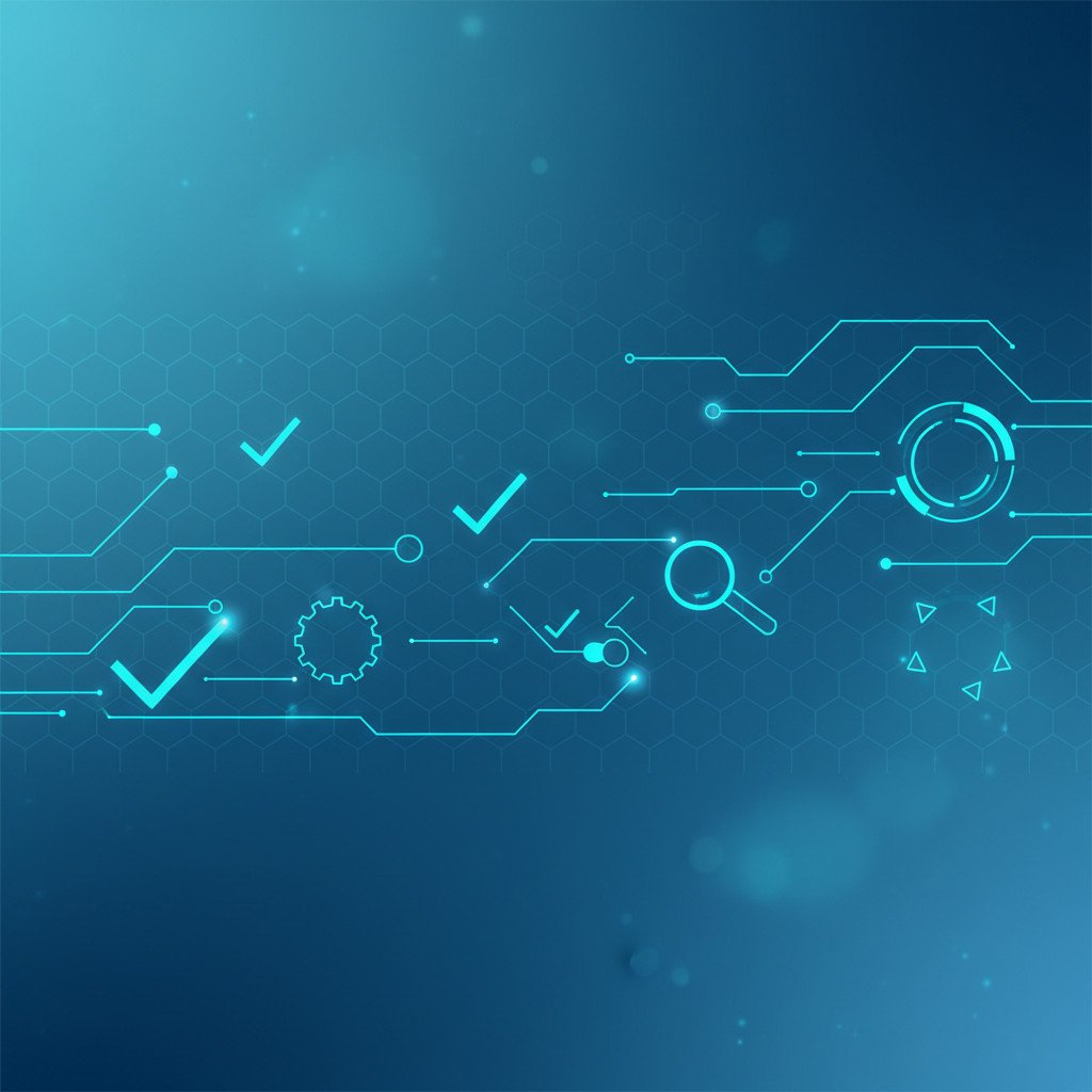 Abstract tech illustration evoking innovation and strategic planning with circuits, glowing nodes, and minimal testing symbols