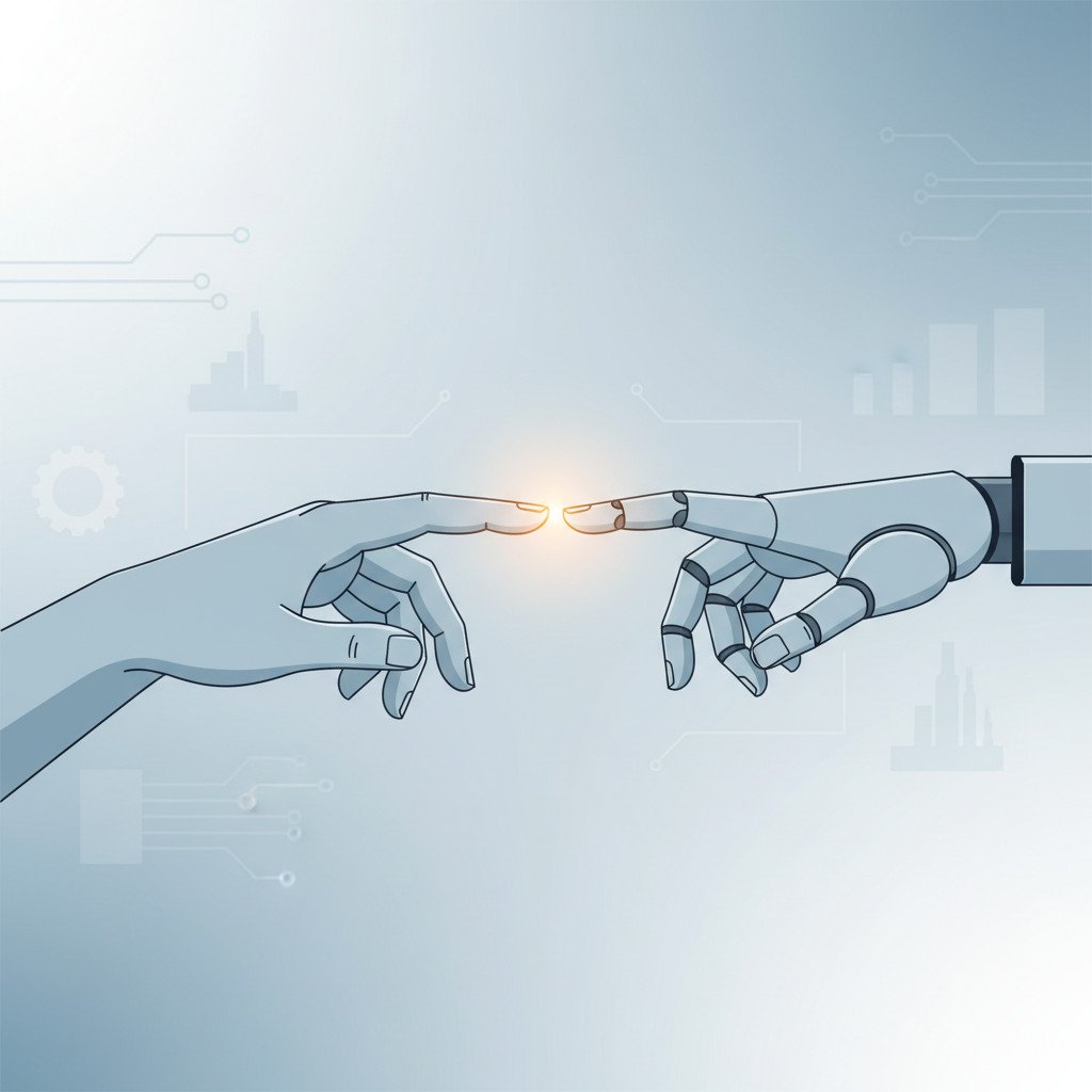 A stylized illustration of a human hand and a robot arm reaching toward each other over a soft industrial backdrop