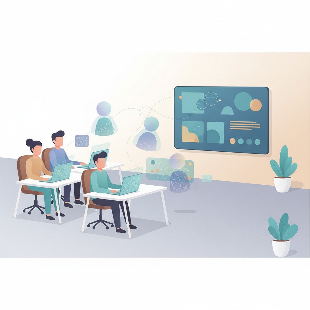 Abstract illustration of AI agents collaborating with human employees in a modern open office, showing translucent AI avatars beside human figures with subtle connection lines and devices nearby.