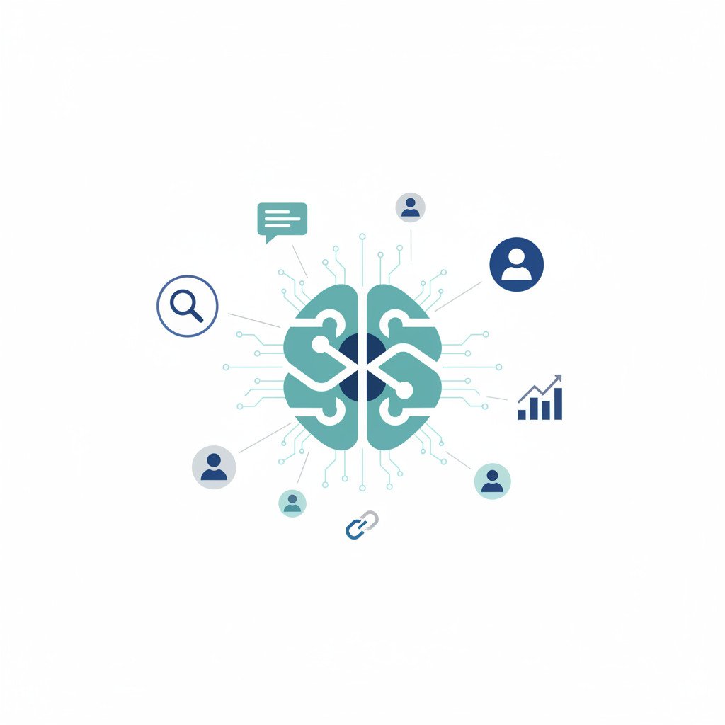 A minimal abstract AI brain at the center with circuit lines connecting to icons for search, chat, user profile, analytics, and links. Small entrepreneur avatars connect into the network to show community and visibility.