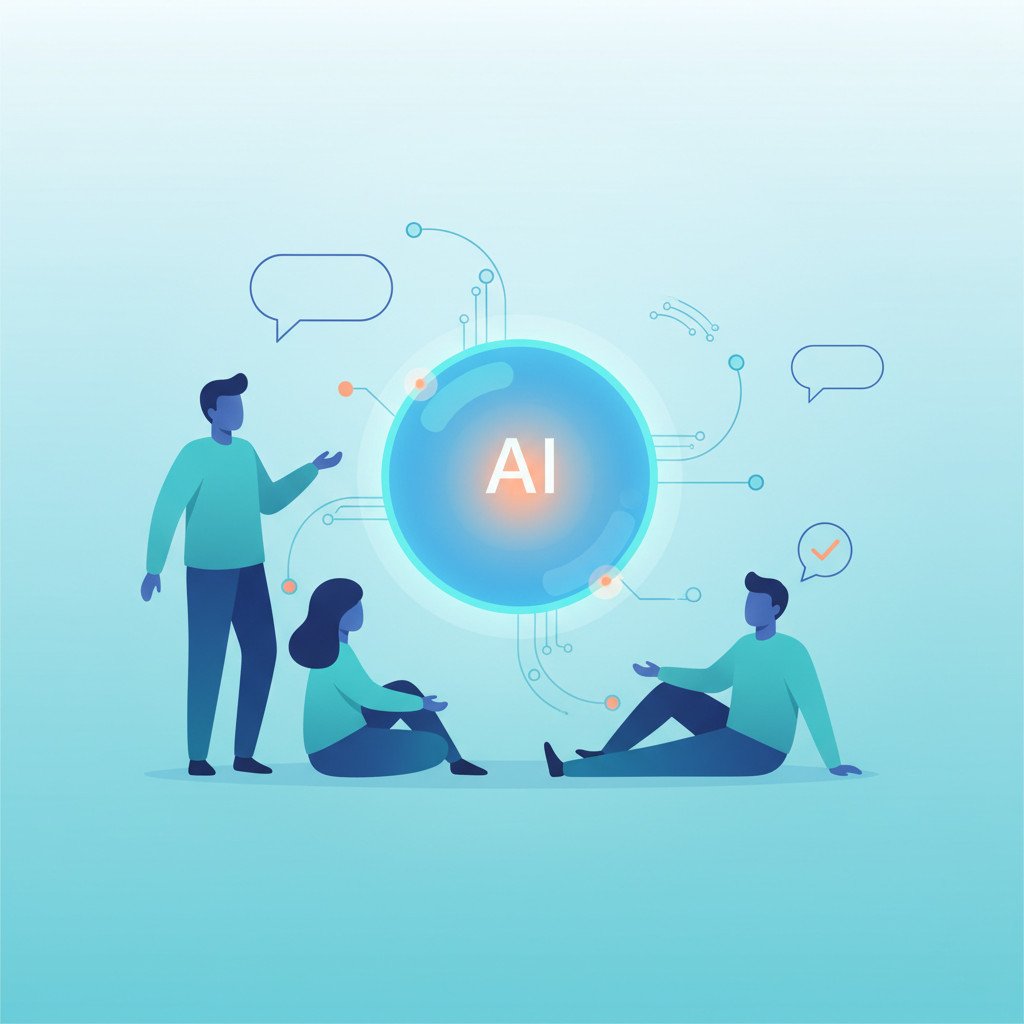Illustration of three diverse human silhouettes collaborating with a glowing digital hub representing AI. Flowing lines and small data nodes connect people to the hub, symbolizing assistance, suggestions, and shared insights. Palette uses blues, teal, and warm orange accents. No text included.
