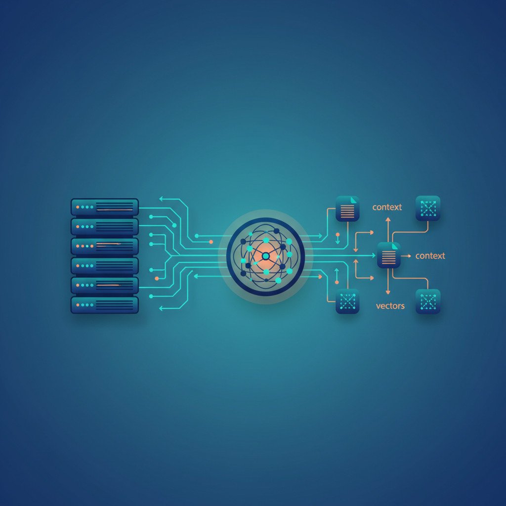 Stylized illustration of a data center rack connected via glowing data flows to a central AI core and multiple context nodes, using a deep blue, teal, and soft orange palette