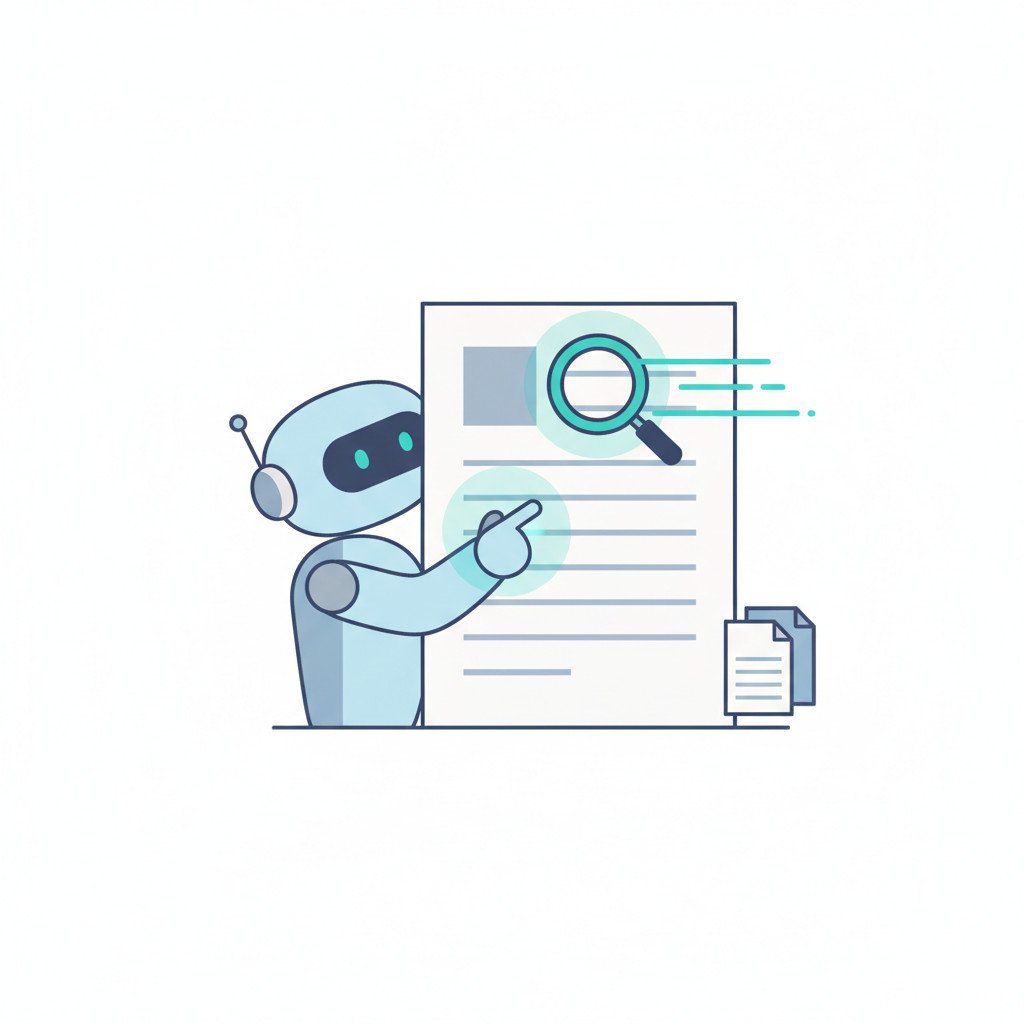 Minimal vector illustration showing a friendly robot icon scanning a large resume card with glowing scan lines and a small stack of documents nearby. Background is light with muted corporate blues and teal accents. Clean, uncluttered composition suitable for article use.