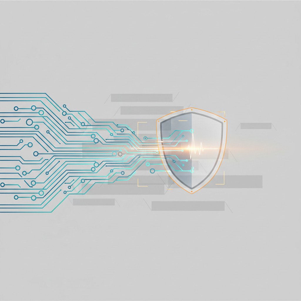 Abstract conceptual illustration showing a stylized neural network merging into a protective shield with layered bracket-like elements in the background, using cool blues, teals, and warm amber accents to symbolize AI, prompts, and risk management.