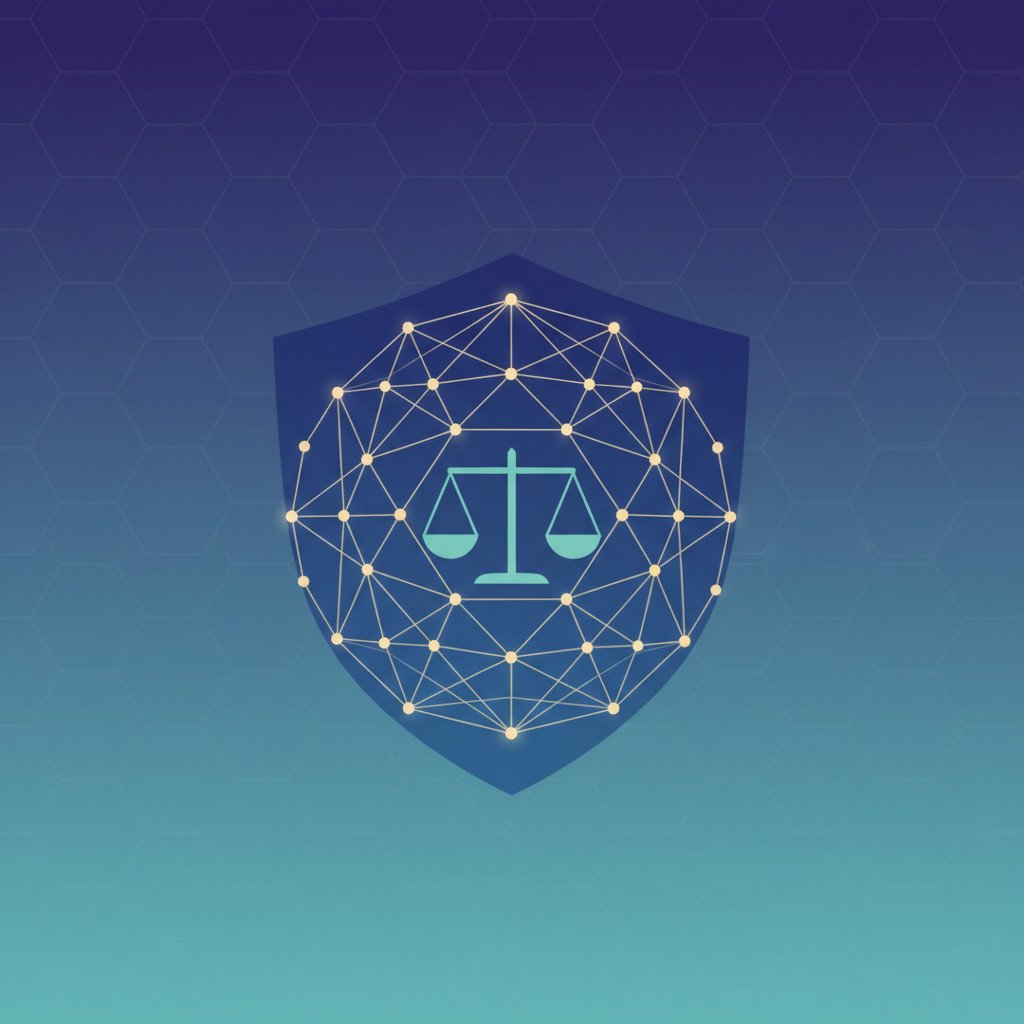 A glowing abstract neural sphere with interconnected nodes wrapped partially by a translucent shield and a faint balanced scale silhouette within the network. Deep blue and teal gradient background with a subtle hexagonal texture, symbolizing AI technology, safety measures, and governance frameworks.